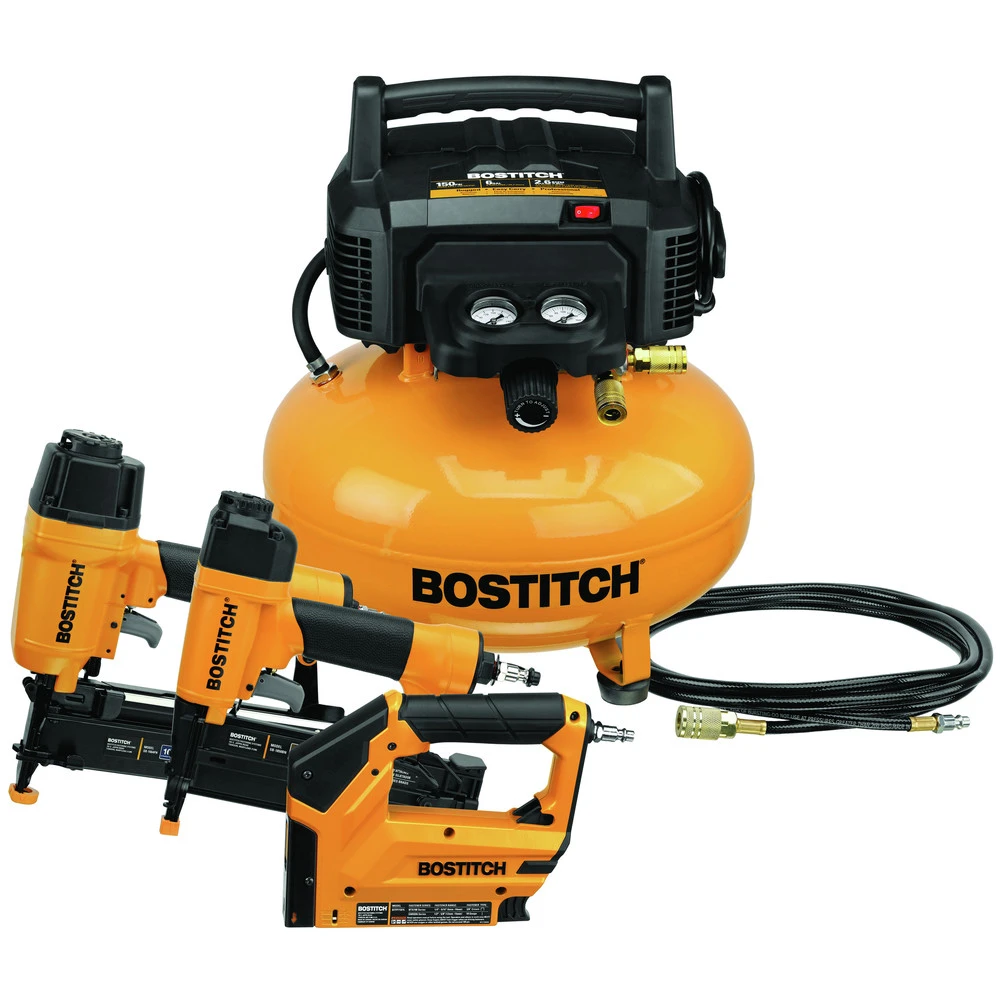 Bostitch BTFP3KIT 3-Piece Nailer And 0.8 HP 6 Gallon Oil-Free Pancake Air Compressor Combo Kit 3 Bostitch BTFP3KIT 3-Piece Nailer And 0.8 HP 6 Gallon Oil-Free Pancake Air Compressor Combo Kit