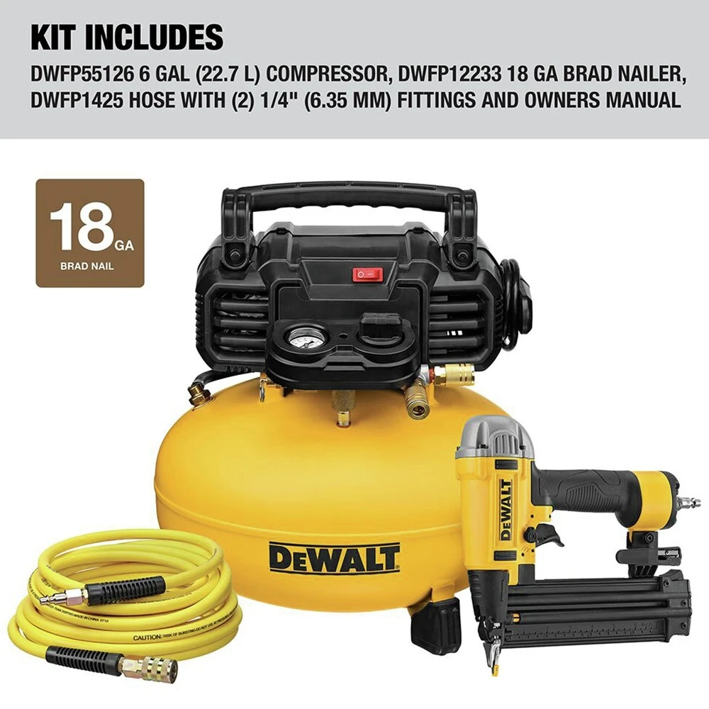 Dewalt DWFP1KIT 18 Gauge 2-1/8 In. Pneumatic Brad Nailer And 0.9 HP 6 Gallon Oil-Free Pancake Compressor Combo Kit 4 Dewalt DWFP1KIT 18 Gauge 2-1/8 In. Pneumatic Brad Nailer And 0.9 HP 6 Gallon Oil-Free Pancake Compressor Combo Kit - Image 2