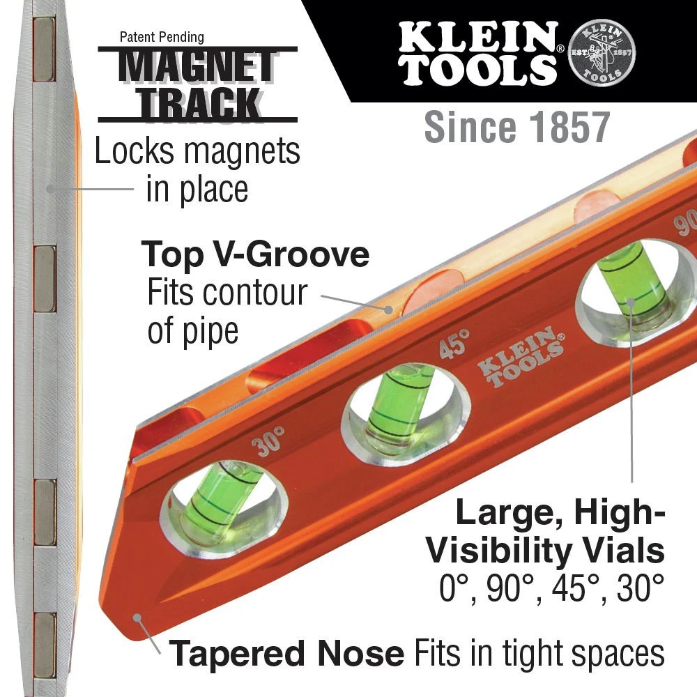 Klein Tools 935RB Torpedo Billet High-Visibility Level With Rare Earth Magnet And Tapered Nose 4 Klein Tools 935RB Torpedo Billet High-Visibility Level With Rare Earth Magnet And Tapered Nose - Image 2