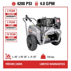 Simpson 60205 WaterBlaster 4200 PSI 4.0 GPM Belt Drive Professional Gas Pressure Washer With AAA Triplex Pump -DeWALT Sales Shop smpn60205 h