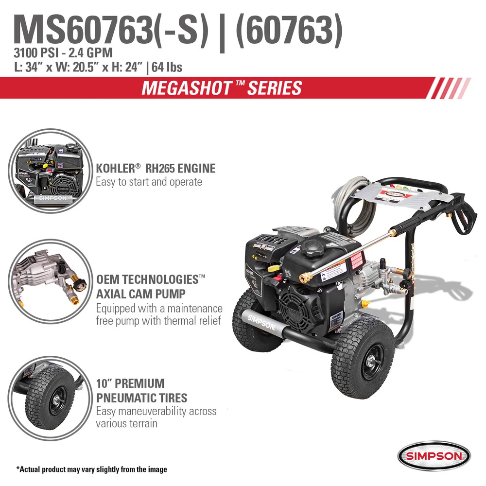 Simpson 60763 MegaShot 3100 PSI 2.4 GPM Premium Gas Pressure Washer 12 Simpson 60763 MegaShot 3100 PSI 2.4 GPM Premium Gas Pressure Washer - Image 10