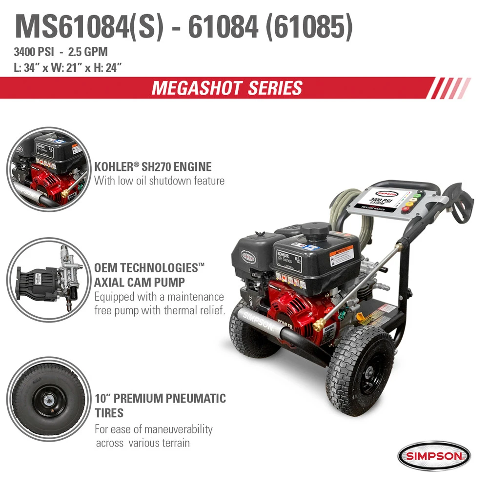Simpson 61085 MegaShot 3400 PSI 2.5 GPM KOHLER SH265 Gas Pressure Washer 9 Simpson 61085 MegaShot 3400 PSI 2.5 GPM KOHLER SH265 Gas Pressure Washer - Image 7